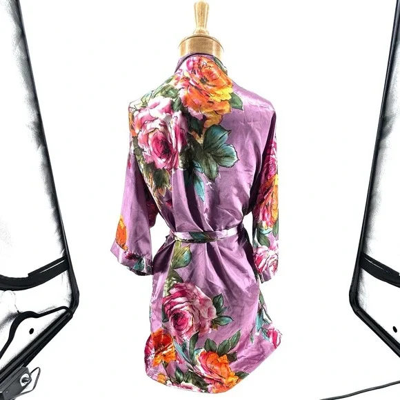 Floral Kimono Robe Romantic Coquette Cottagecore Bridal Loungewear Silky Feel - Picture 5 of 14